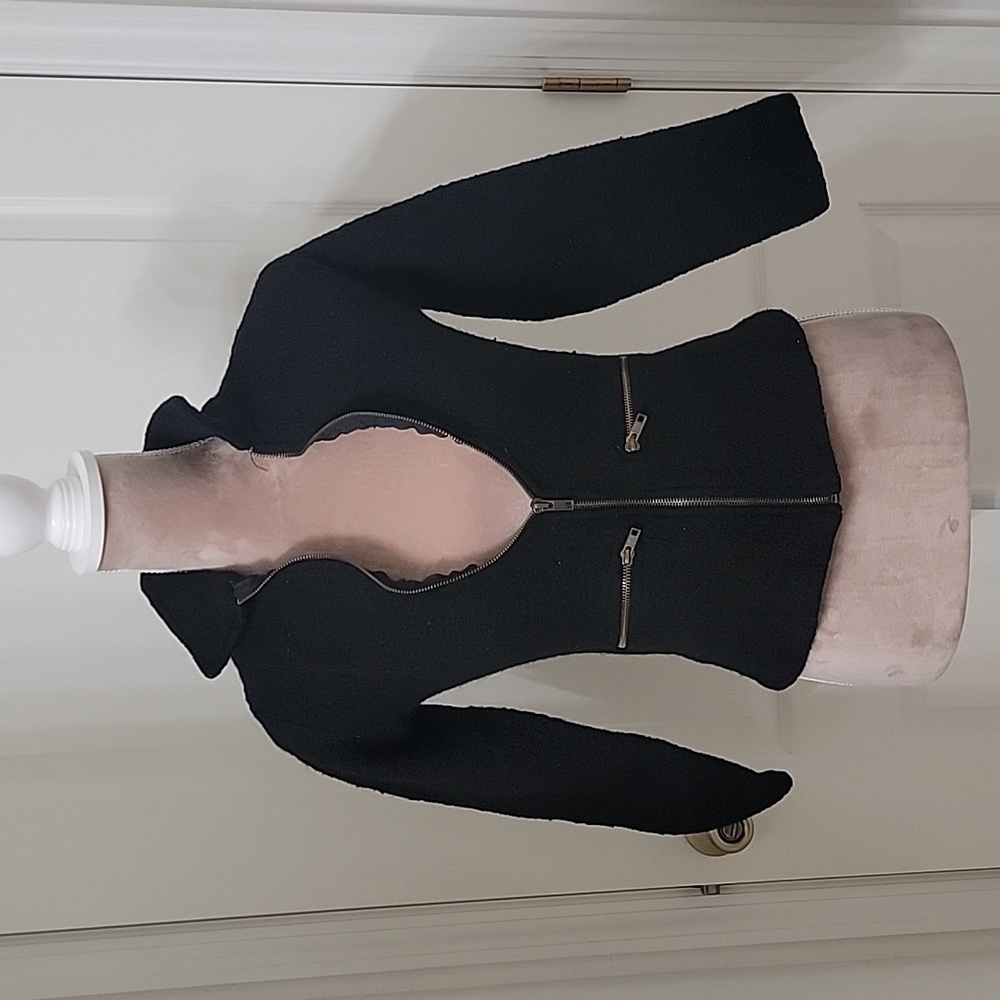 Crystal Kobe Vintage 100% Wool Black, Size S Zipper Front Blazer, Zip Pockets.
